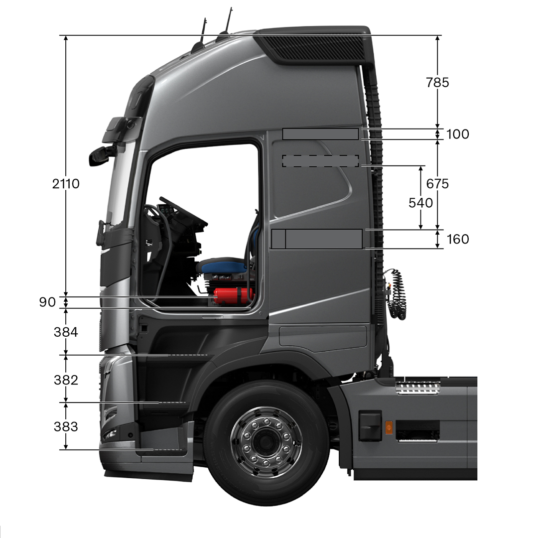 Volvo FH globetrotter XL cab with measurements, viewed from the side 